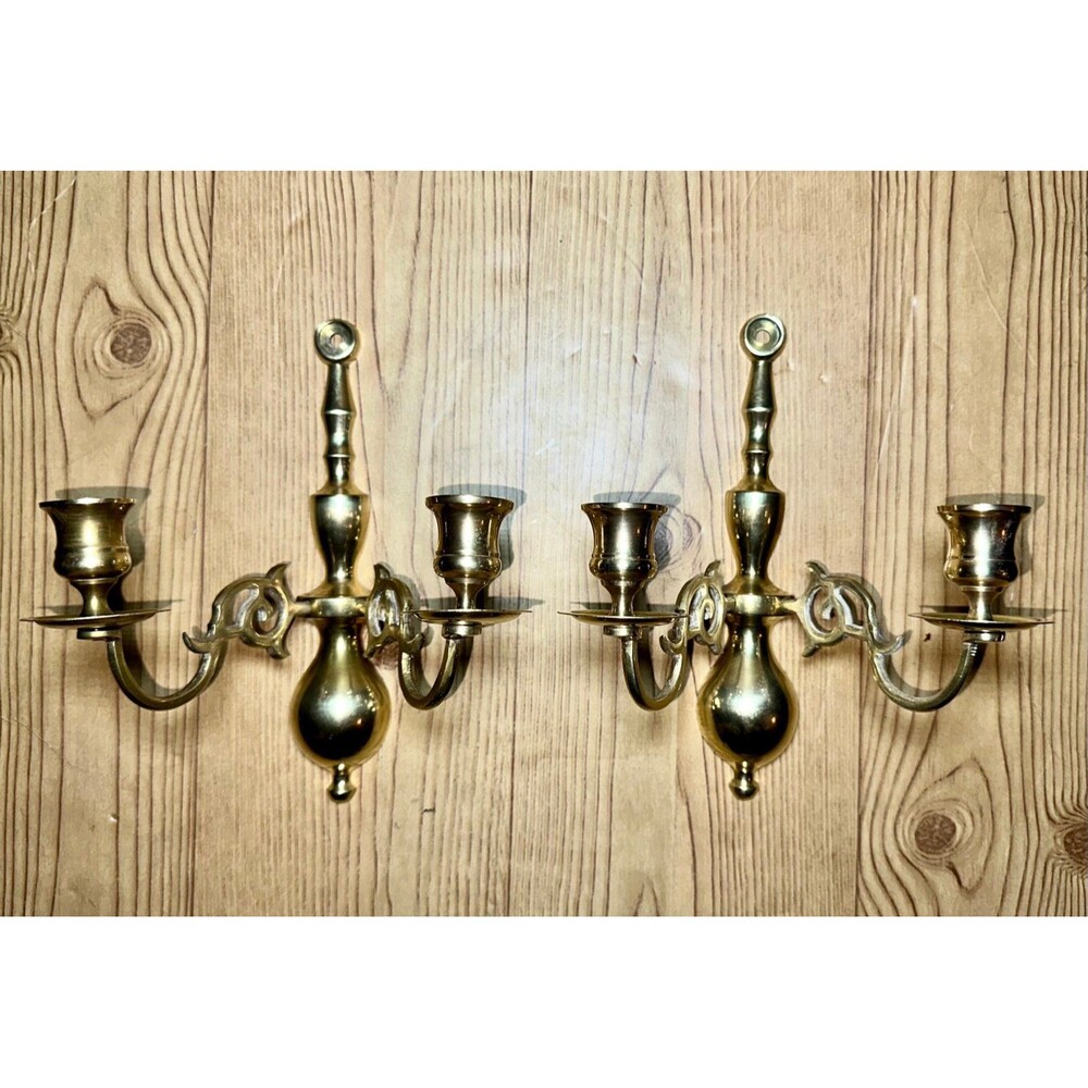 Pair Brass Ornate Double Candle Sconce Candle Stick Holder Vintage Wall Hanging